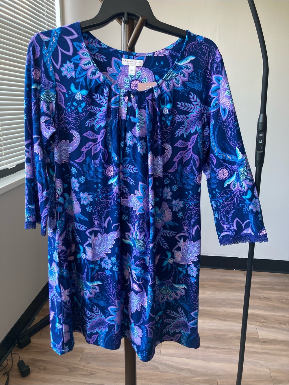 Miss Elaine floral print night gown with stretch lace bow faux pearl detail XL
